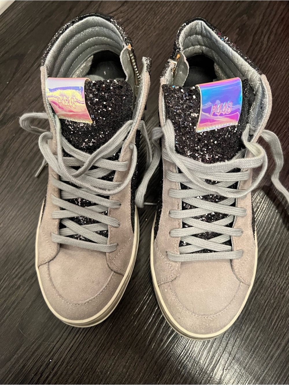 P448 Skate glitter high-top sneakers in a grey or silver melange colorway